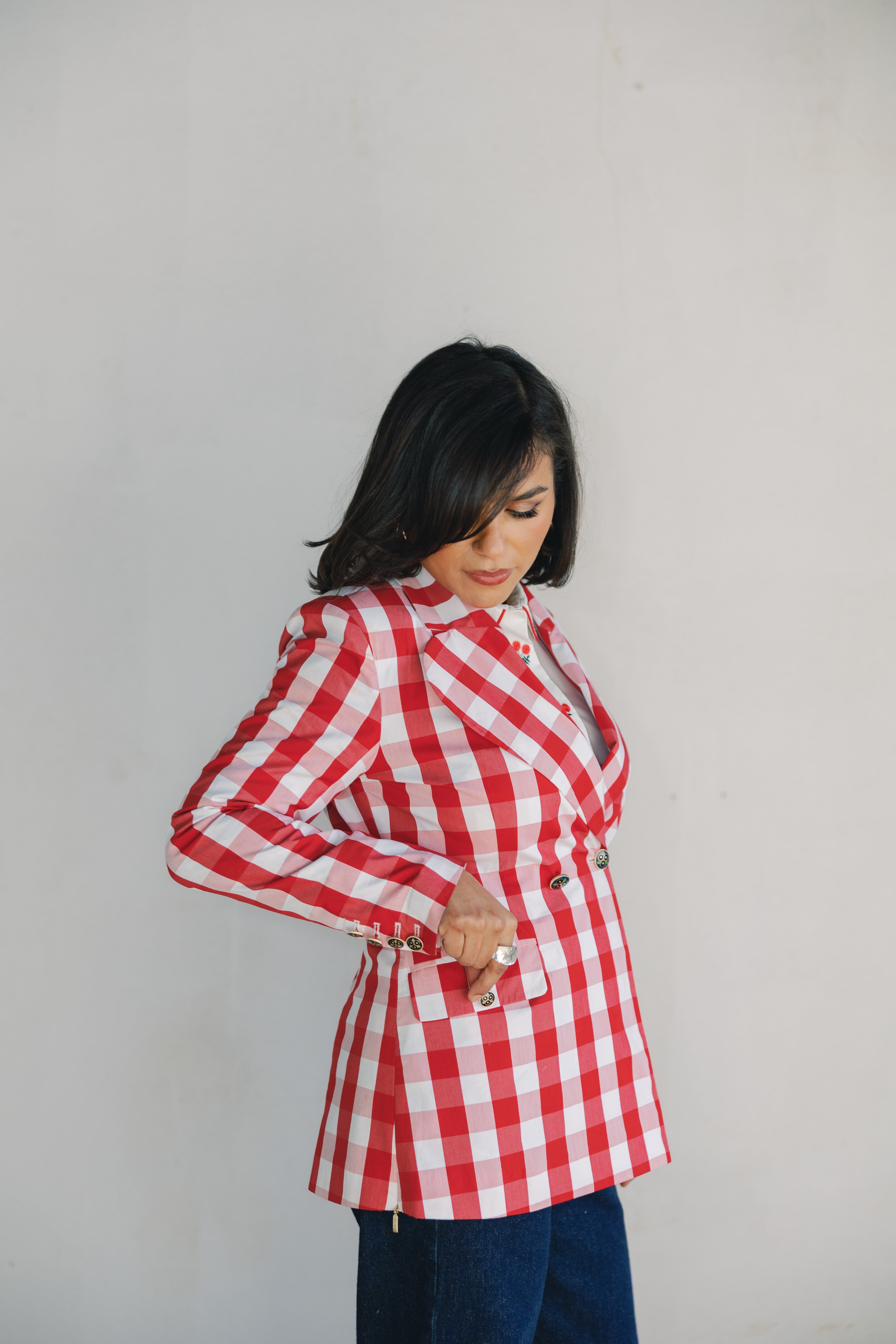 red plaid womens blazers