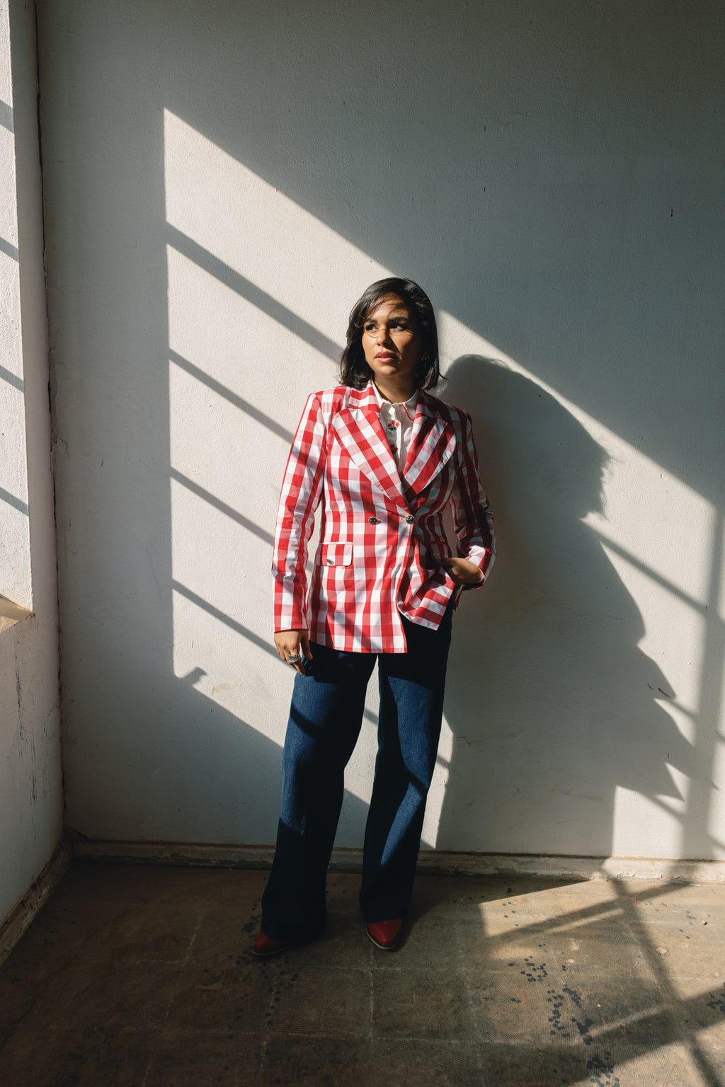 red plaid womens blazers