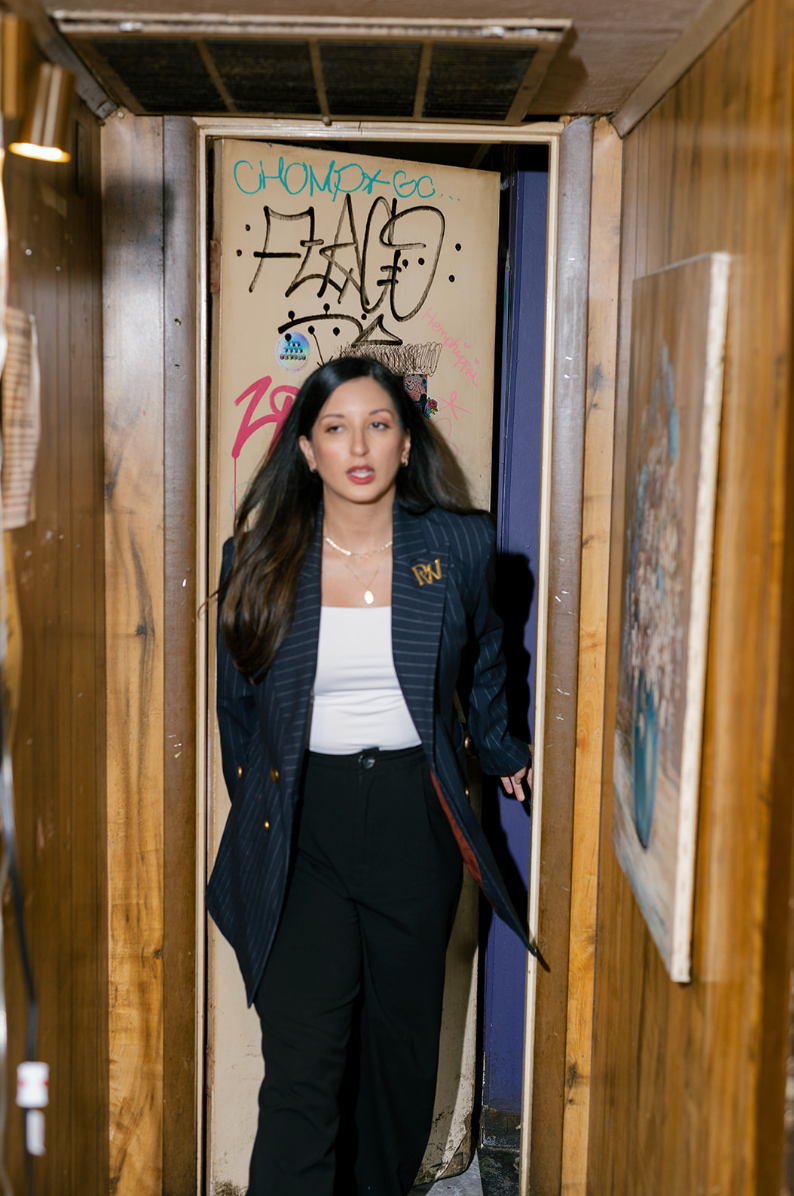 womens navy pinstripe blazer