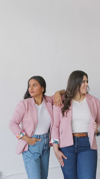 PWR WMN Co-Founders posing in the PWRFUL in Pink Blazer styled with white tops and denim.