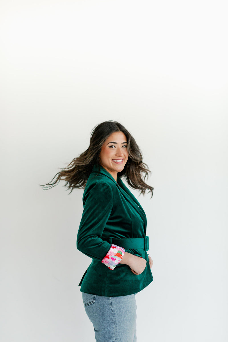 womens green velvet blazer, womens blazer with pockets, female entrepreneur