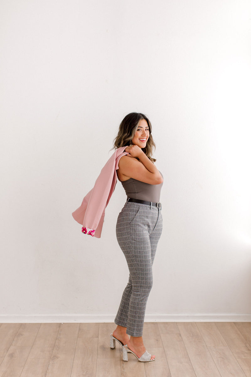 womens grey plaid pants 