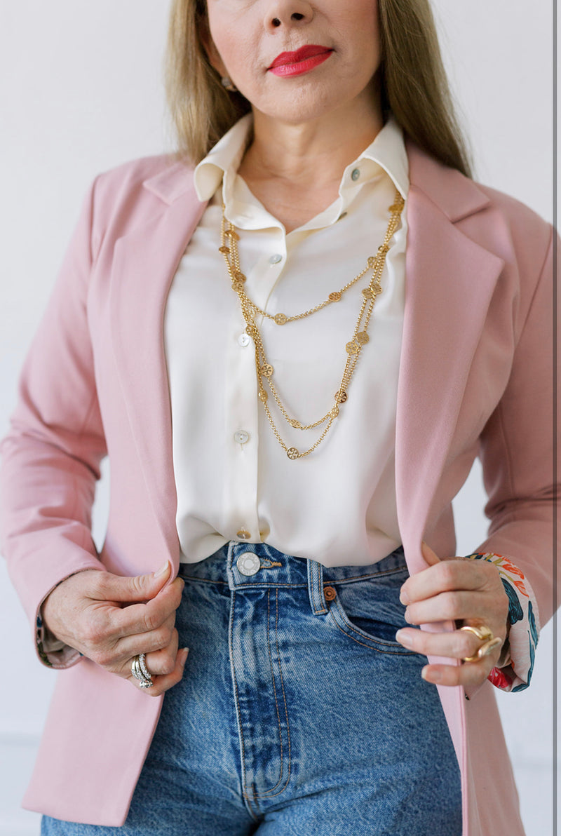 womens blush blazer with pockets, mothers day outfit, pink blazer