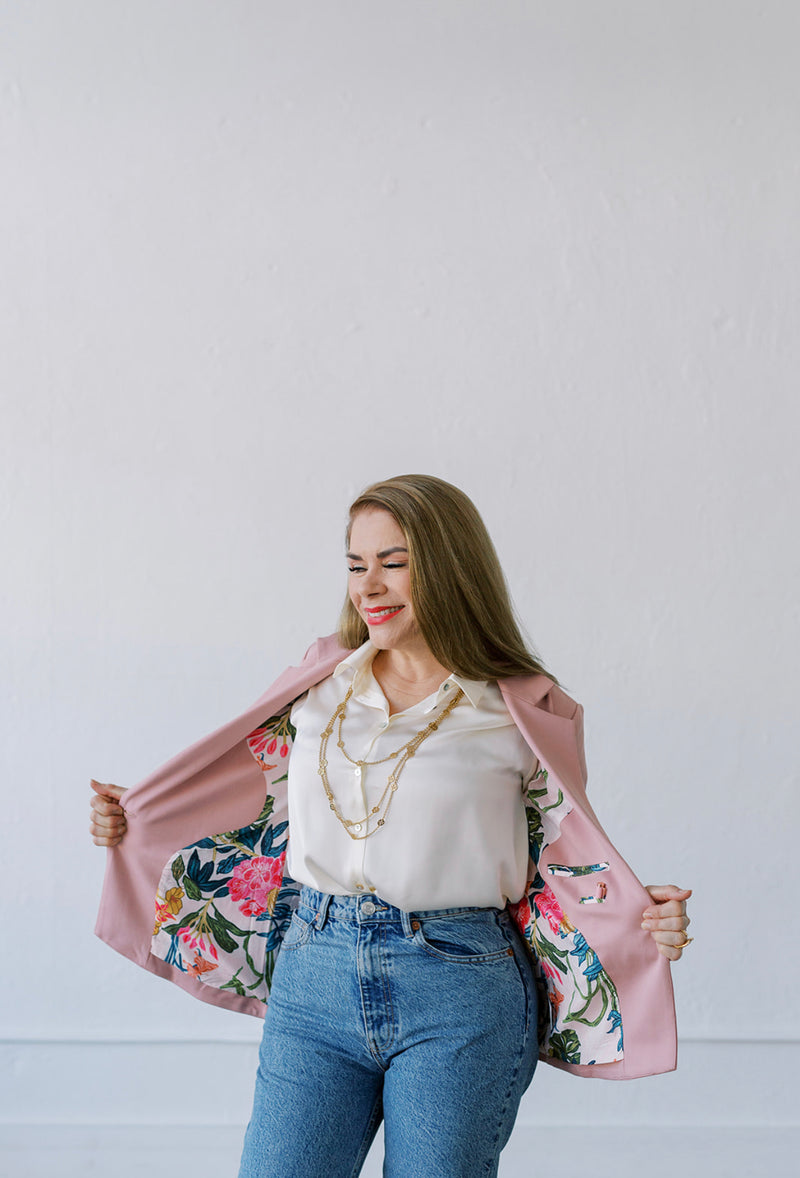 womens blush blazer with pockets, mothers day outfit, pink blazer