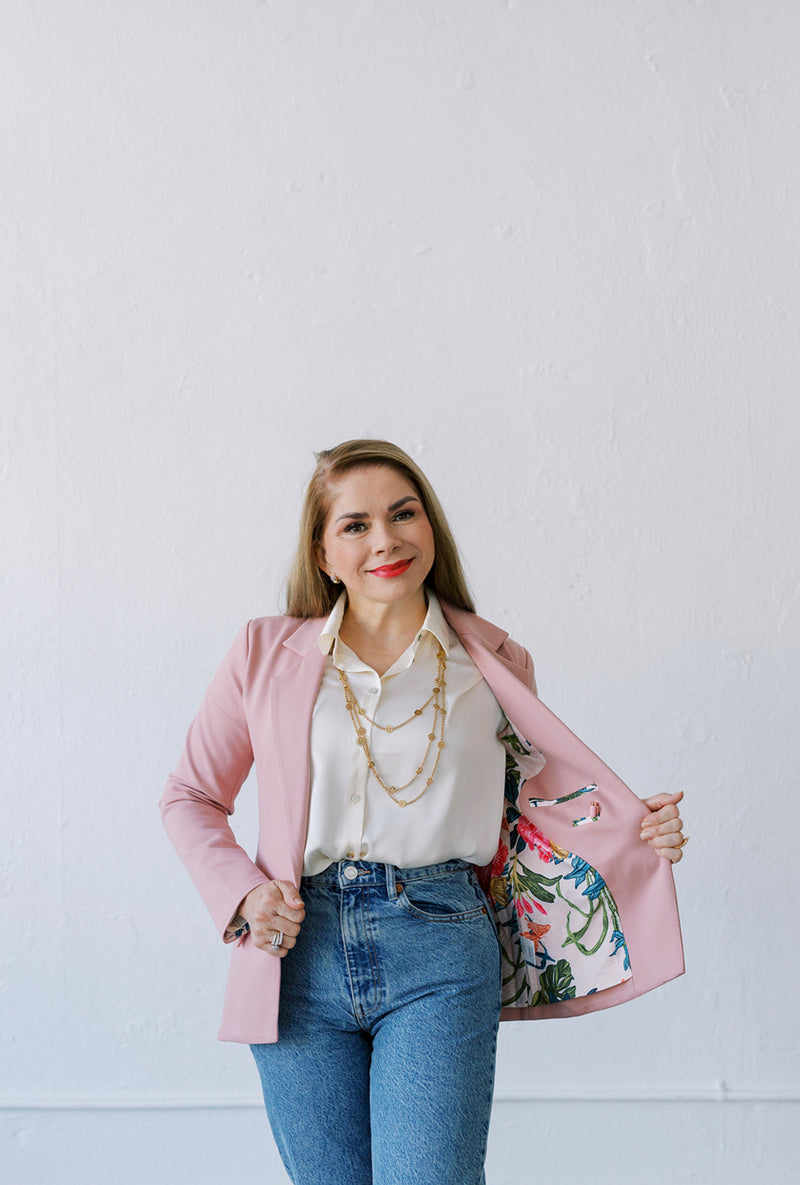 womens blush blazer with pockets, mothers day outfit, pink blazer