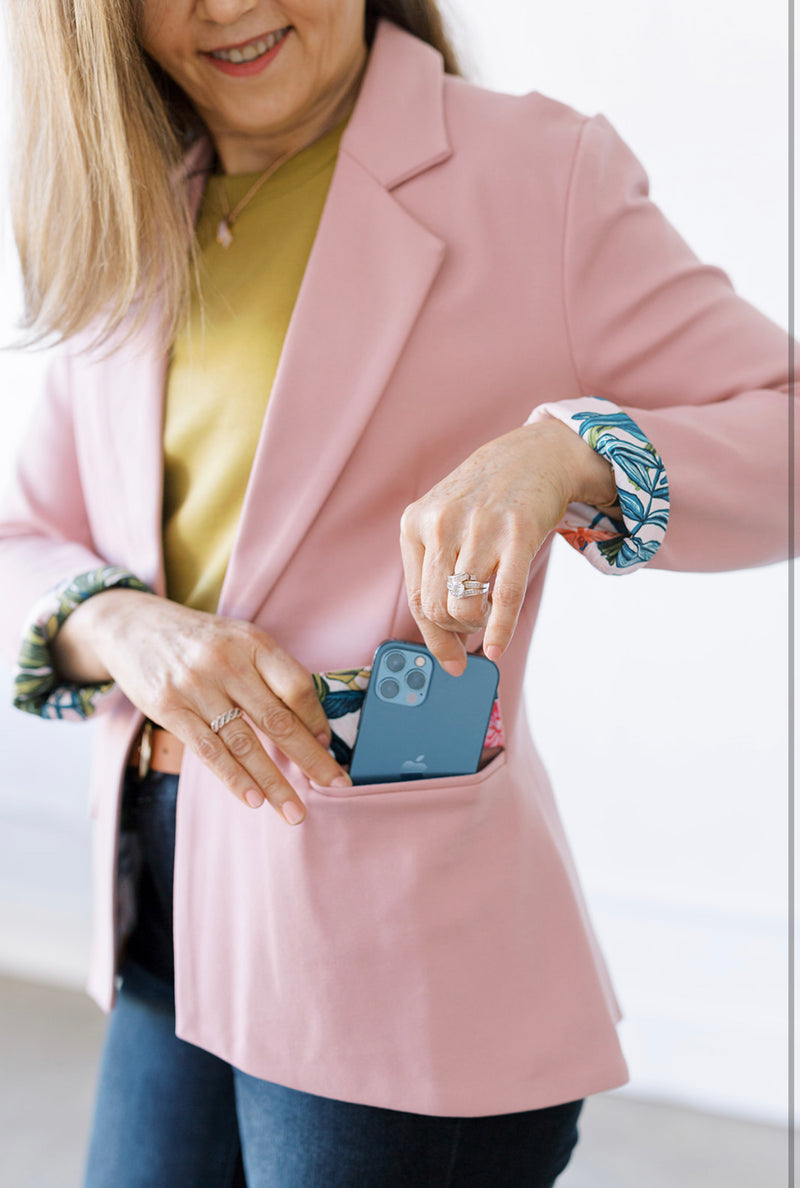 womens blush blazer with pockets, mothers day outfit, pink blazer