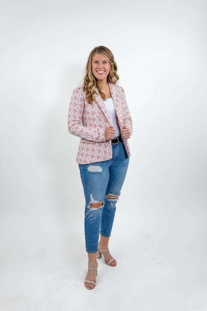 WOMEN'S PINK HOUNDSTOOTH TWEED BLAZER