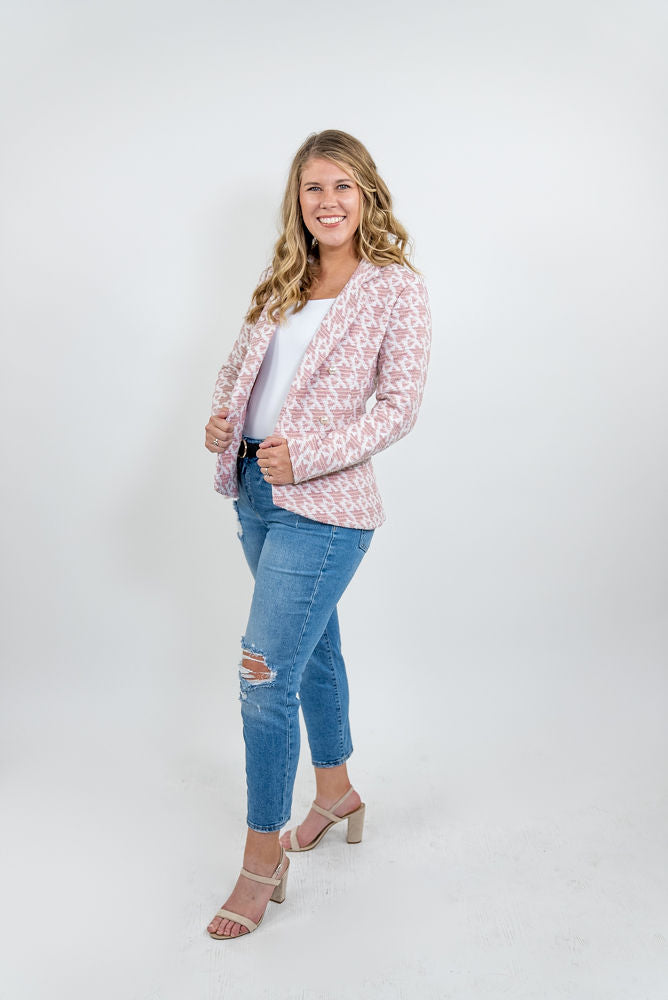 WOMEN'S PINK HOUNDSTOOTH TWEED BLAZER