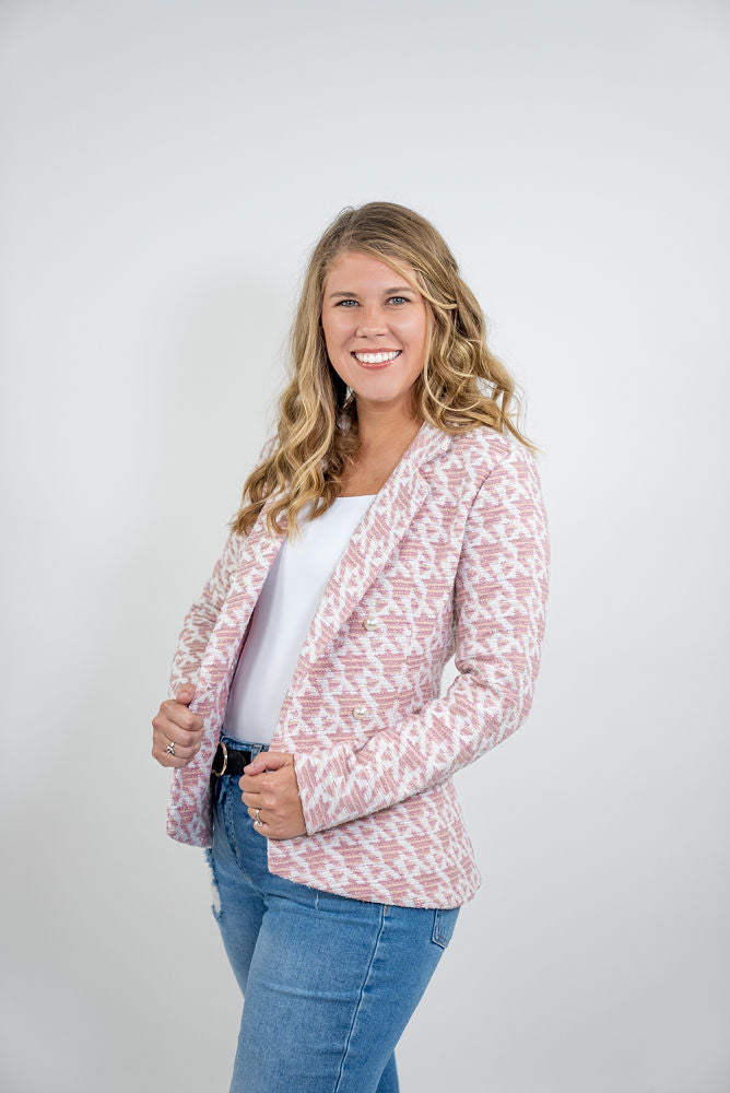 WOMEN'S PINK HOUNDSTOOTH TWEED BLAZER